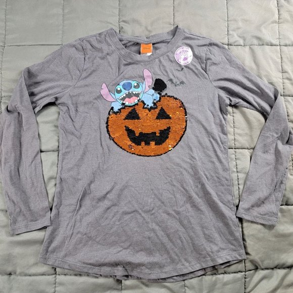 Disney Stitch Kids 2XL Gray Halloween Shirt Two Way Sequin Long Sleeve Casual